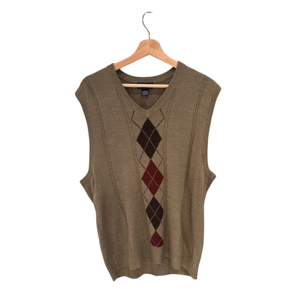 Grandpa Core Dockers Mens Large Argyle Sweater Vest Tan Acrylic Knit V-Neck Slee